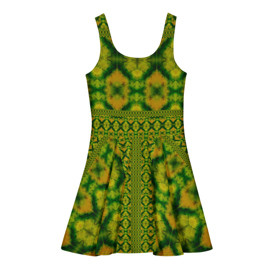 Purely Jade Light sleeveless Cotton Skater Dress with green-and-gold jade-light print, back view with fitted bodice and flared skirt