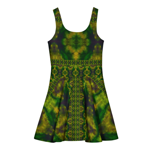 Purely Jade Light sleeveless Cotton Skater Dress with deep green jade-light print with yellow-green and muted plum shadow, back view with fitted bodice and flared skirt