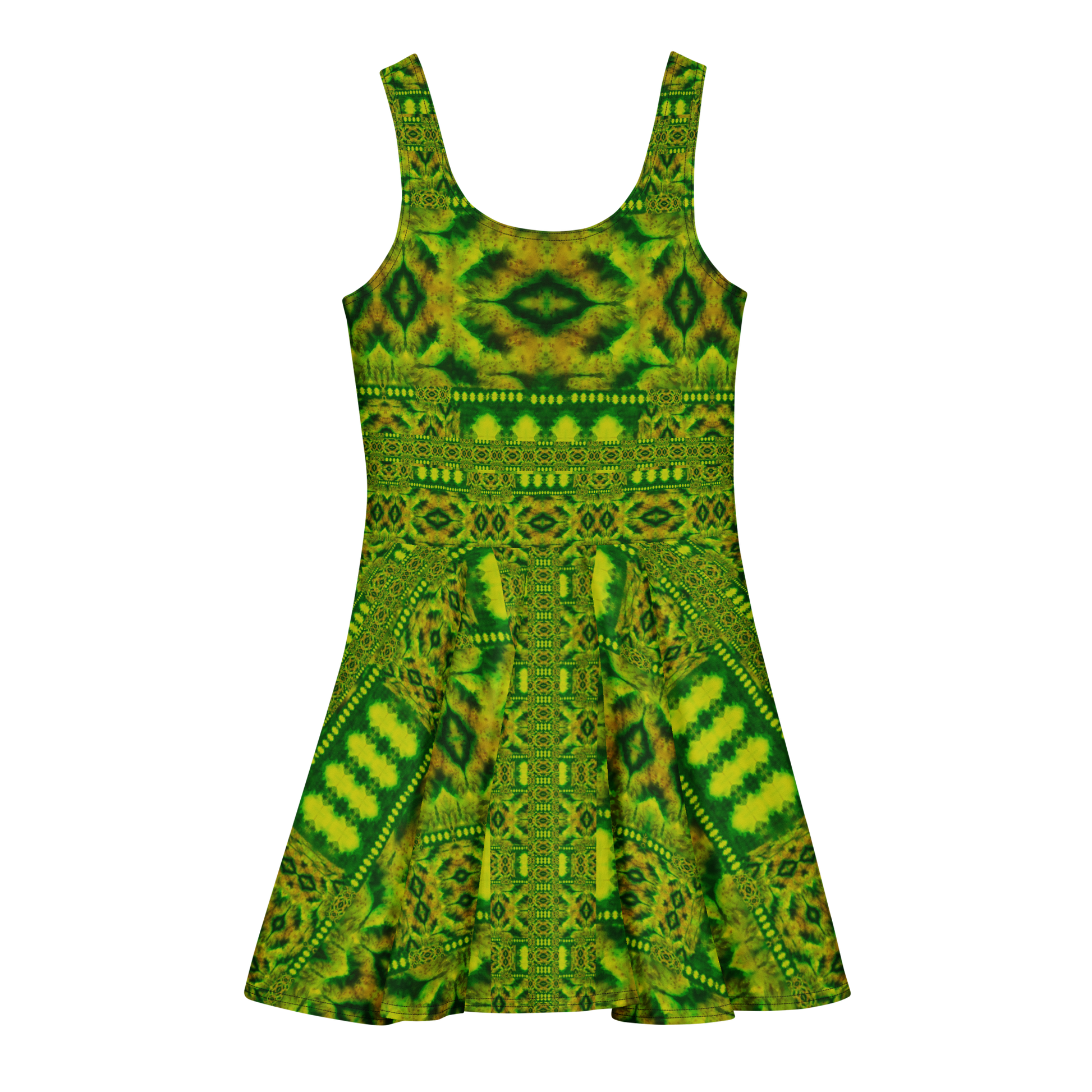 Purely Jade Light sleeveless Cotton Skater Dress with bright green-and-gold jade-light print, back view with fitted bodice and flared skirt