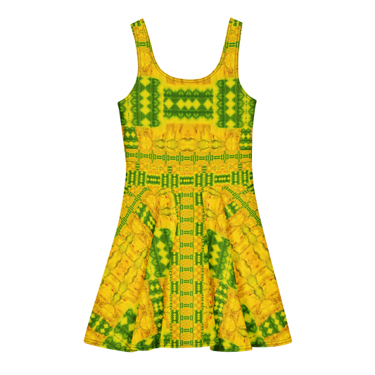Purely Jade Light sleeveless Cotton Skater Dress with gold jade-light print with bright green accents, back view with fitted bodice and flared skirt