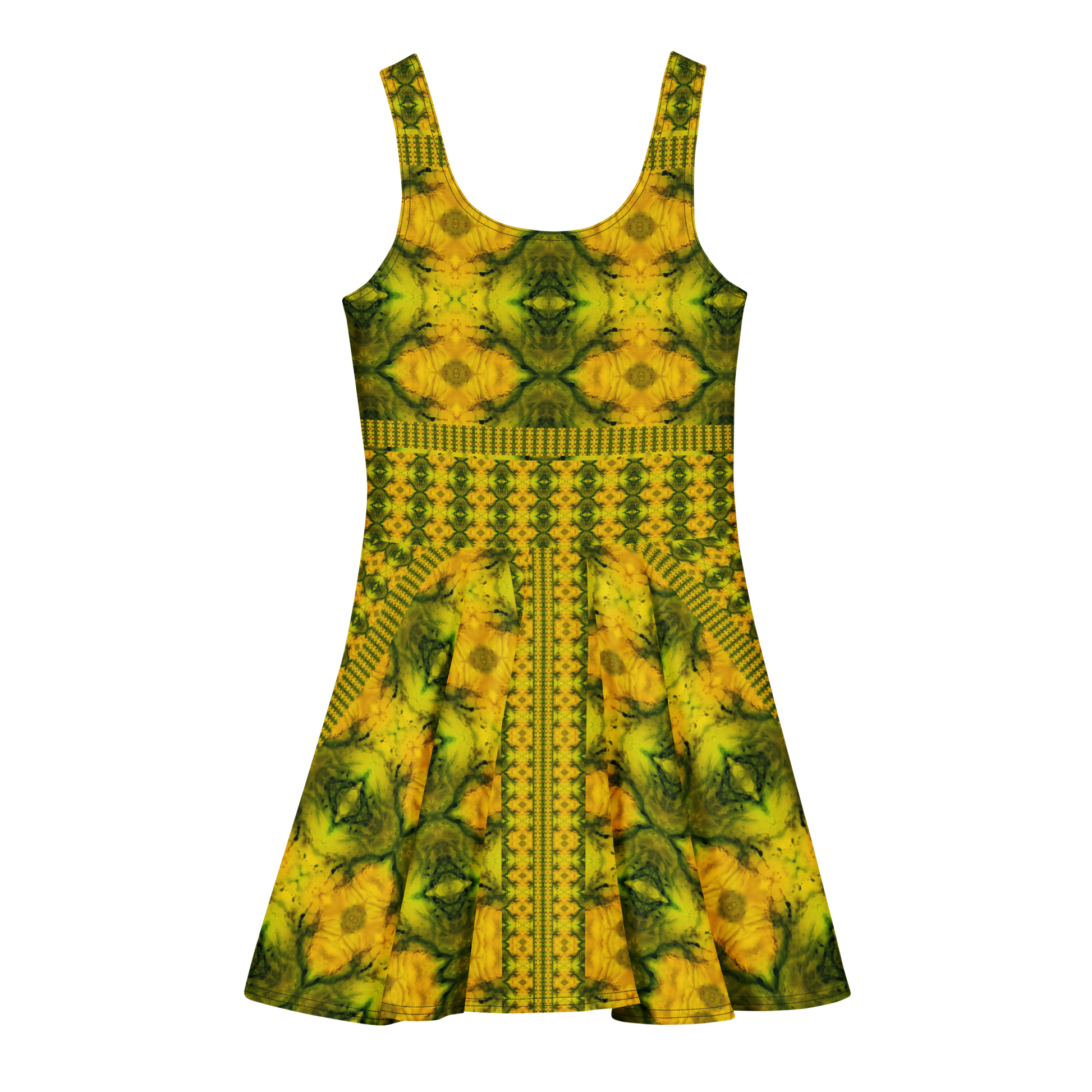 Purely Jade Light sleeveless Cotton Skater Dress with gold jade-light print with green mineral veining, back view with fitted bodice and flared skirt