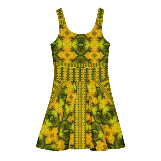 Purely Jade Light sleeveless Cotton Skater Dress with gold jade-light print with green mineral veining, back view with fitted bodice and flared skirt