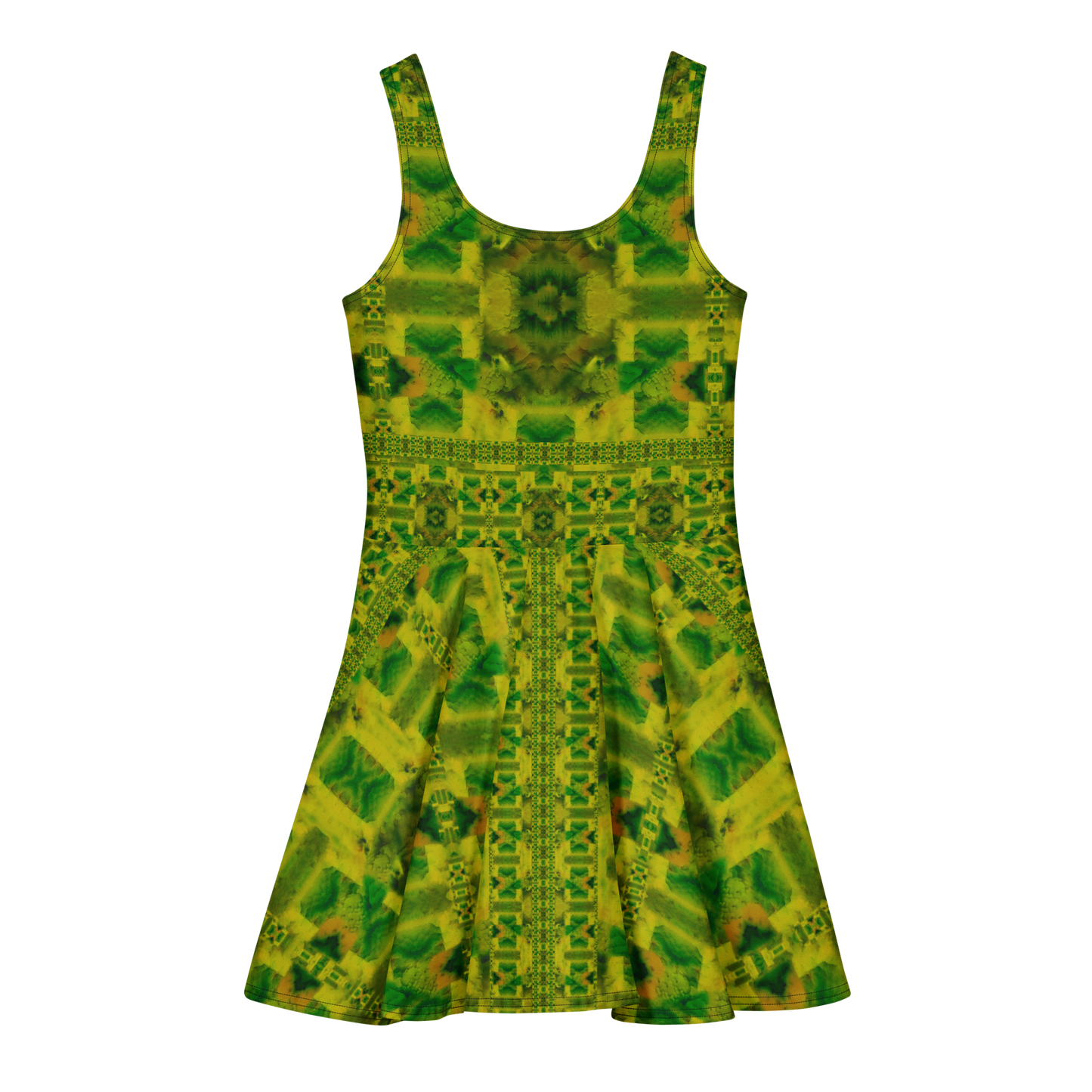 Purely Jade Light sleeveless Cotton Skater Dress with yellow-green and green jade-light print, back view with fitted bodice and flared skirt