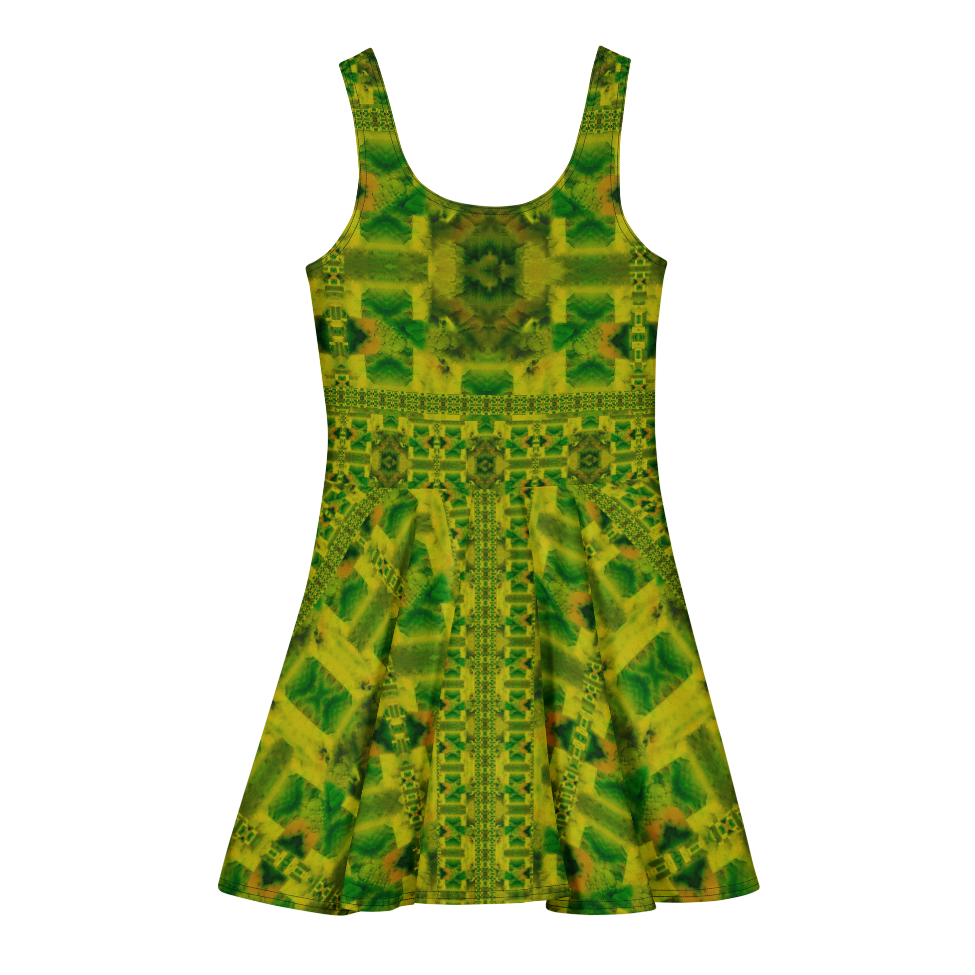 Purely Jade Light sleeveless Cotton Skater Dress with yellow-green and green jade-light print, back view with fitted bodice and flared skirt