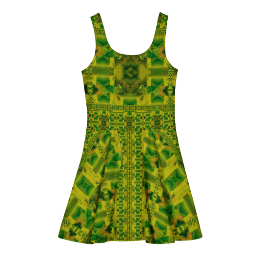 Purely Jade Light sleeveless Cotton Skater Dress with yellow-green and green jade-light print, back view with fitted bodice and flared skirt