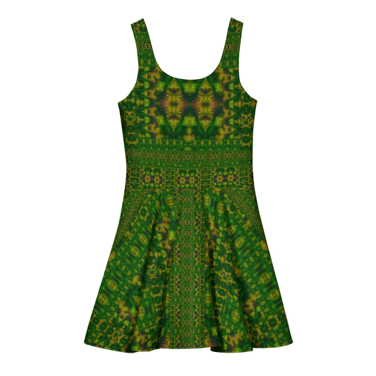 Purely Jade Light sleeveless Cotton Skater Dress with deep green jade-light print with gold and muted plum accents, back view with fitted bodice and flared skirt