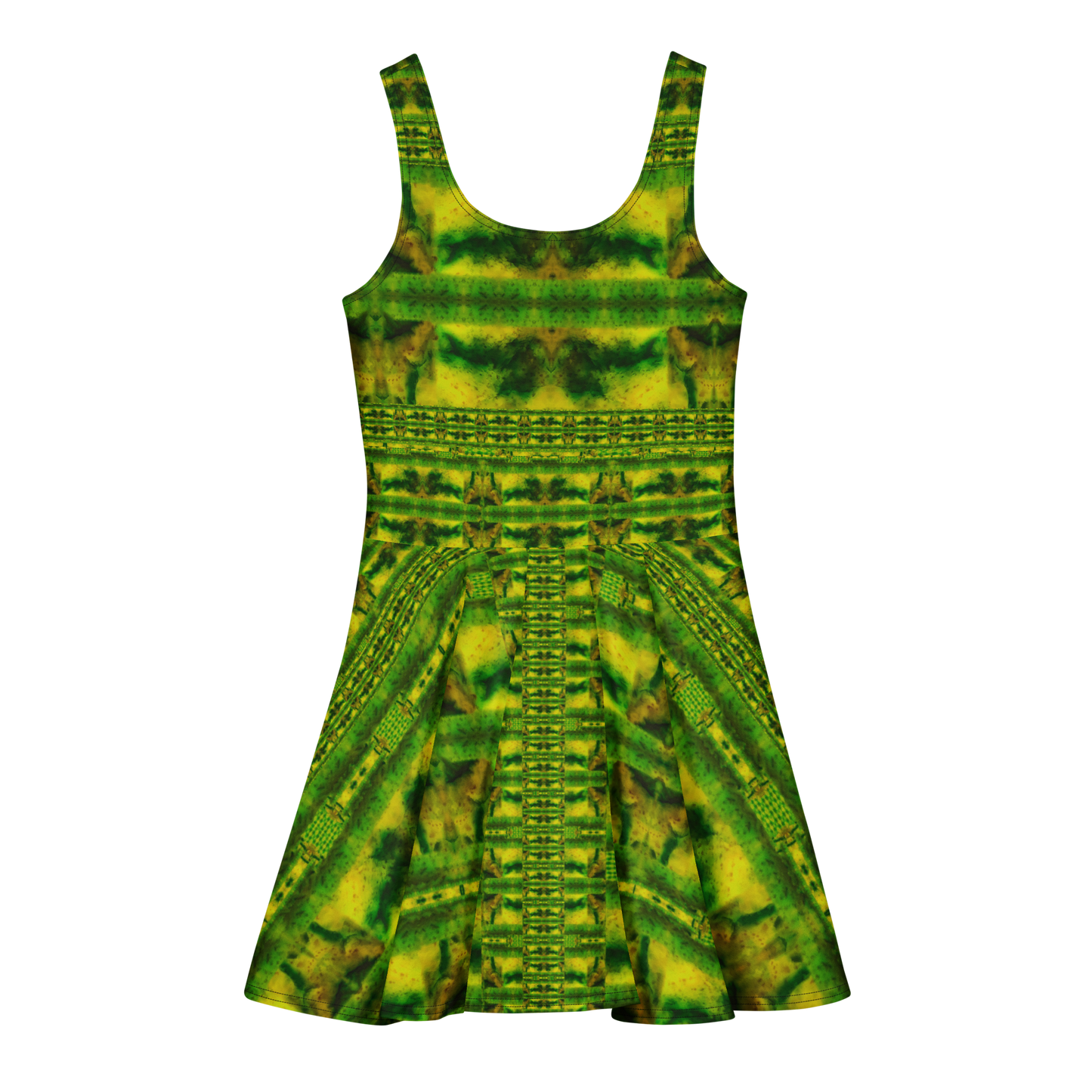Purely Jade Light sleeveless Cotton Skater Dress with green-and-gold banded jade-light print, back view with fitted bodice and flared skirt