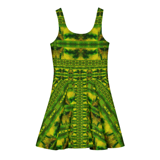 Purely Jade Light sleeveless Cotton Skater Dress with green-and-gold banded jade-light print, back view with fitted bodice and flared skirt