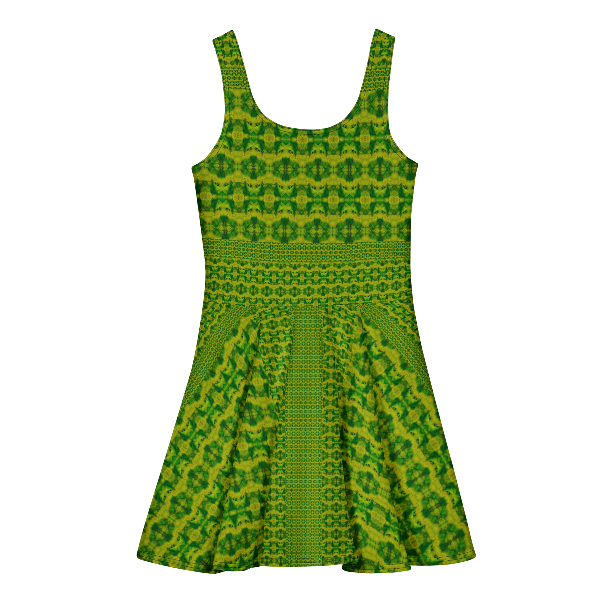 Purely Jade Light sleeveless Cotton Skater Dress with green-and-gold jade-light print, back view with fitted bodice and flared skirt