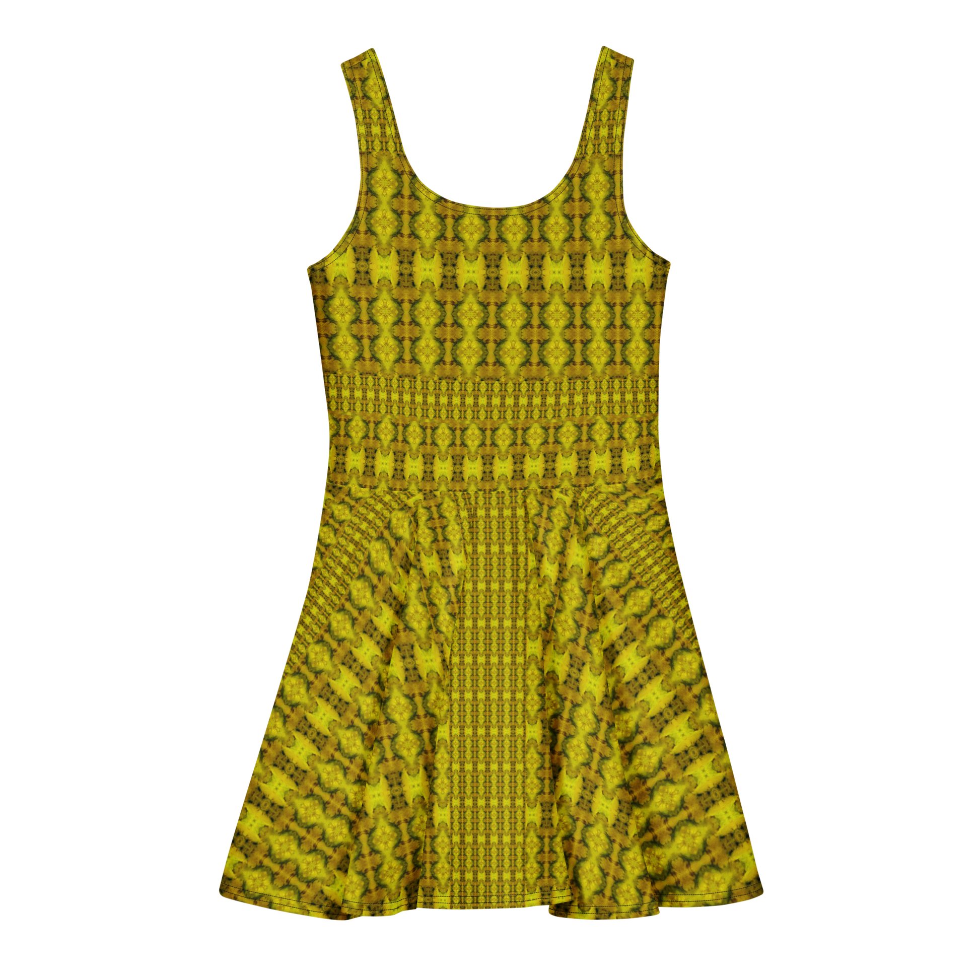 Purely Jade Light sleeveless Cotton Skater Dress with gold jade-light print, back view with fitted bodice and flared skirt