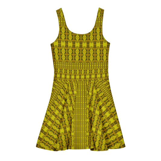 Purely Jade Light sleeveless Cotton Skater Dress with gold jade-light print, back view with fitted bodice and flared skirt