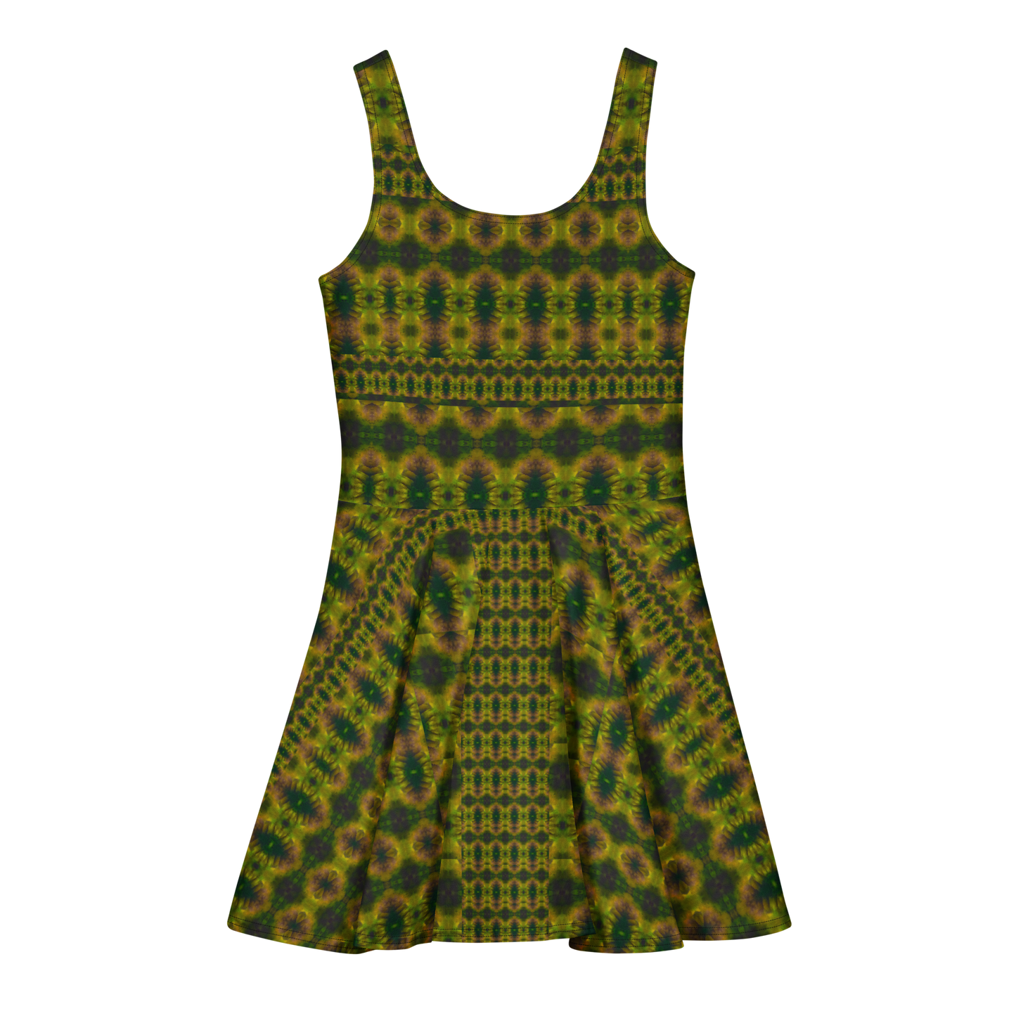 Purely Jade Light sleeveless Cotton Skater Dress with green-and-gold jade-light print with muted plum shadow, back view with fitted bodice and flared skirt
