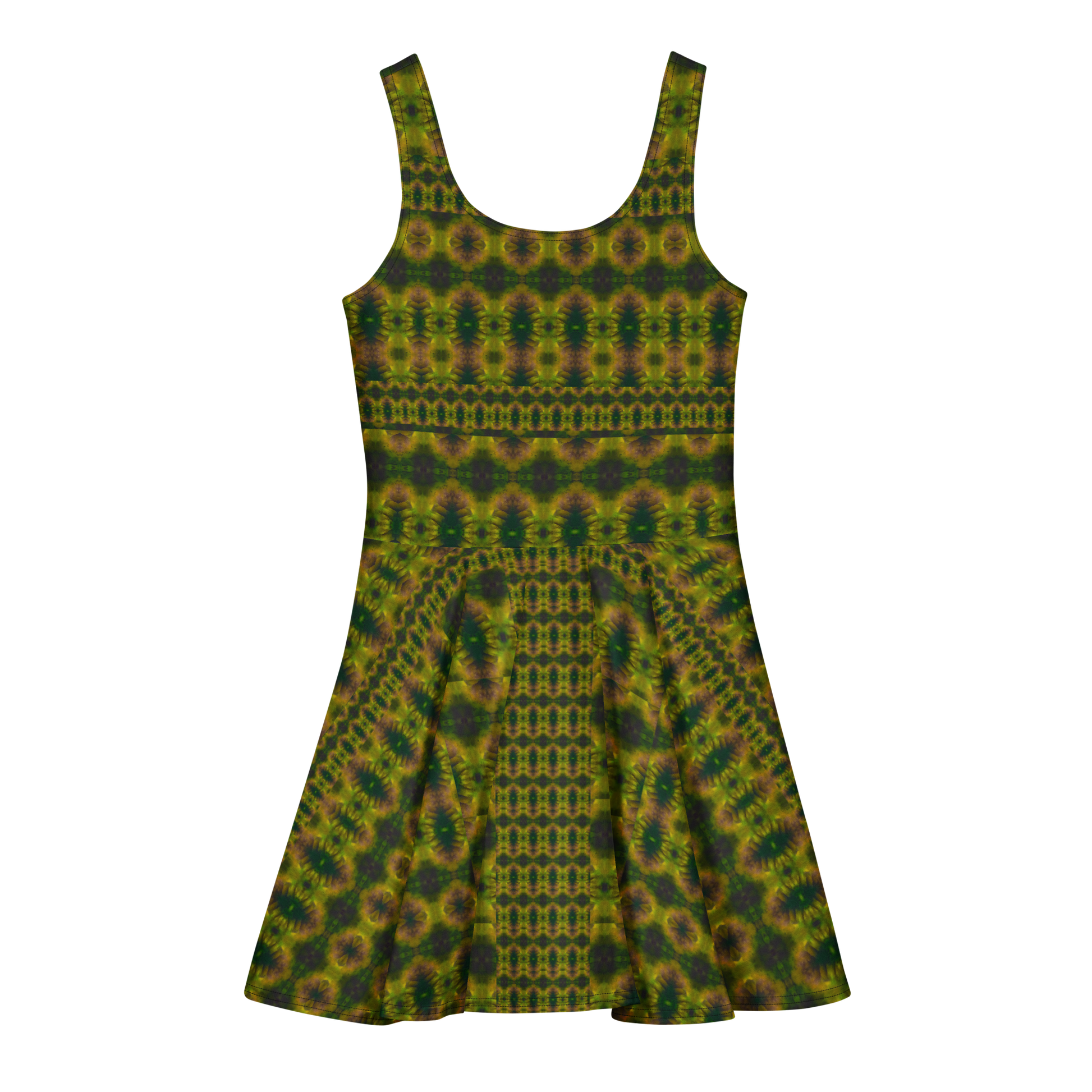 Purely Jade Light sleeveless Cotton Skater Dress with green-and-gold jade-light print with muted plum shadow, back view with fitted bodice and flared skirt