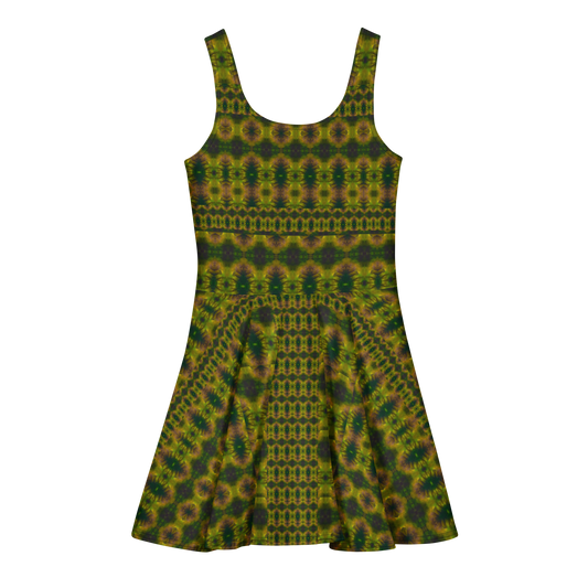 Purely Jade Light sleeveless Cotton Skater Dress with green-and-gold jade-light print with muted plum shadow, back view with fitted bodice and flared skirt