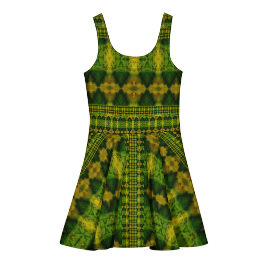 Purely Jade Light sleeveless Cotton Skater Dress with green-and-gold jade-light print, back view with fitted bodice and flared skirt