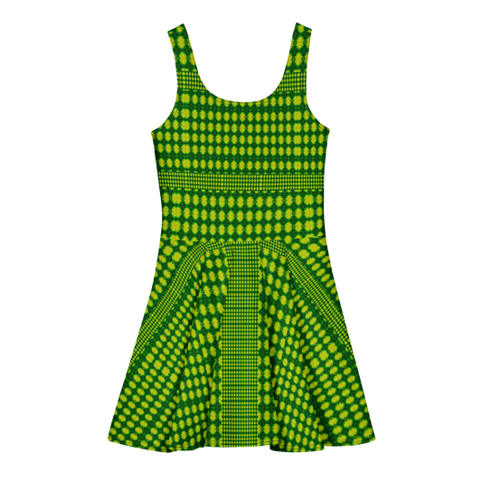 Purely Jade Light sleeveless Cotton Skater Dress with bright green-and-yellow jade-light print, back view with fitted bodice and flared skirt