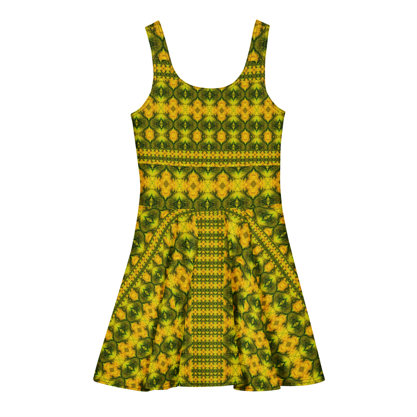 Purely Jade Light sleeveless Cotton Skater Dress with gold jade-light print with green mineral veining, back view with fitted bodice and flared skirt
