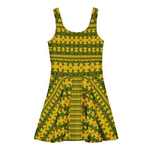 Purely Jade Light sleeveless Cotton Skater Dress with gold jade-light print with green mineral veining, back view with fitted bodice and flared skirt