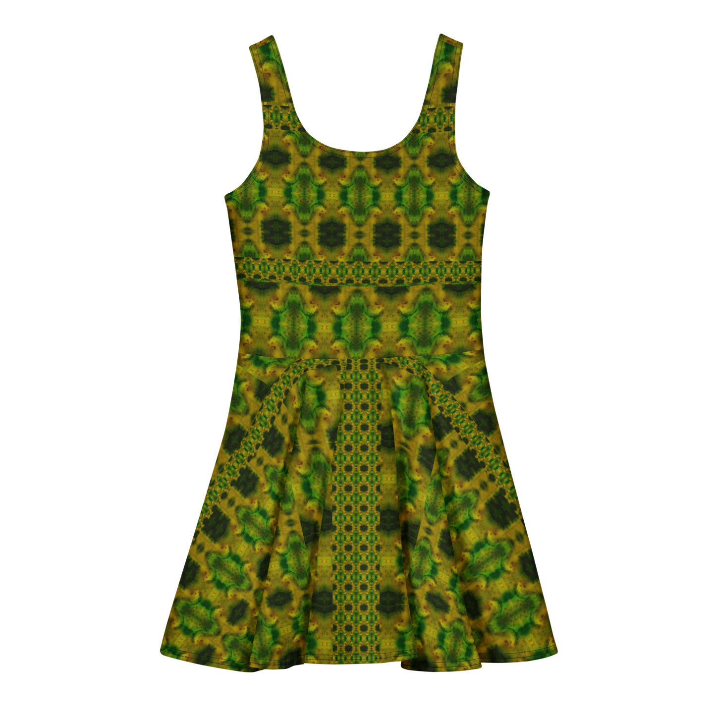Purely Jade Light sleeveless Cotton Skater Dress with green-and-gold jade-light print, back view with fitted bodice and flared skirt