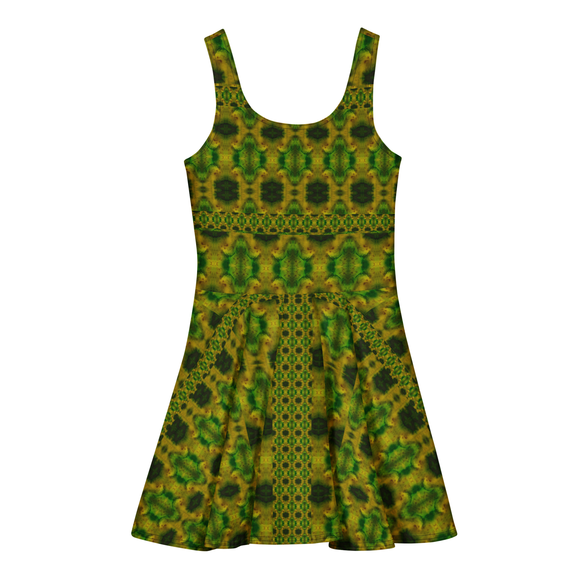 Purely Jade Light sleeveless Cotton Skater Dress with green-and-gold jade-light print, back view with fitted bodice and flared skirt