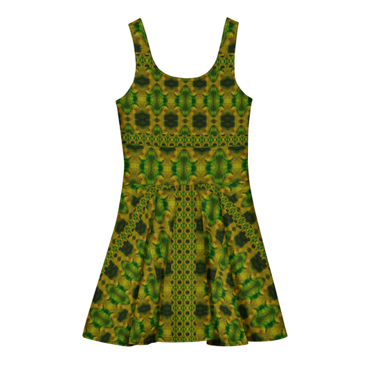 Purely Jade Light sleeveless Cotton Skater Dress with green-and-gold jade-light print, back view with fitted bodice and flared skirt