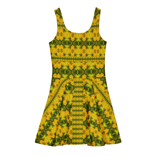 Purely Jade Light sleeveless Cotton Skater Dress with gold jade-light print with green mineral veining, back view with fitted bodice and flared skirt