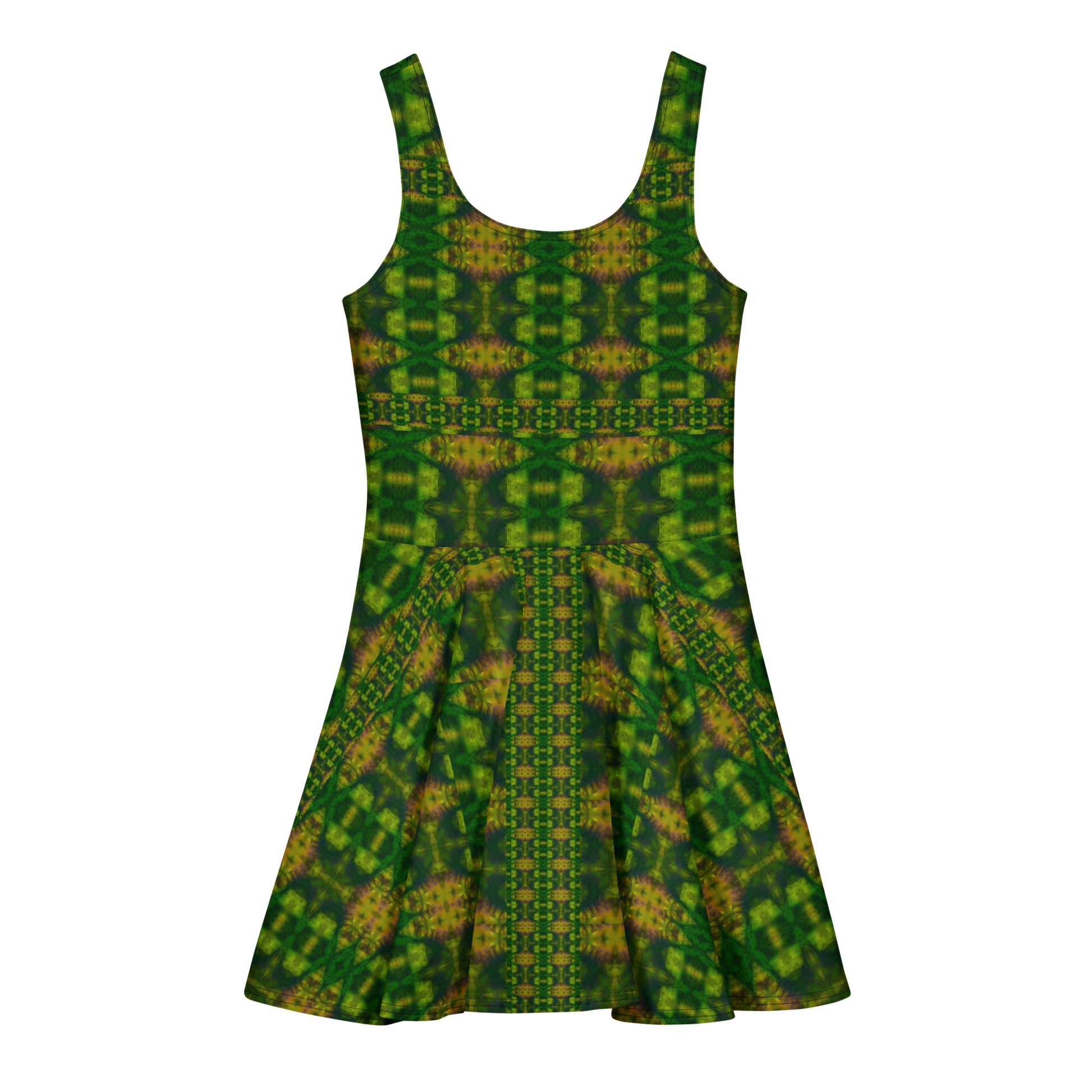 Purely Jade Light sleeveless Cotton Skater Dress with deep green jade-light print with gold and warm shadow accents, back view with fitted bodice and flared skirt
