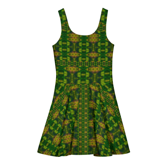 Purely Jade Light sleeveless Cotton Skater Dress with deep green jade-light print with gold and warm shadow accents, back view with fitted bodice and flared skirt