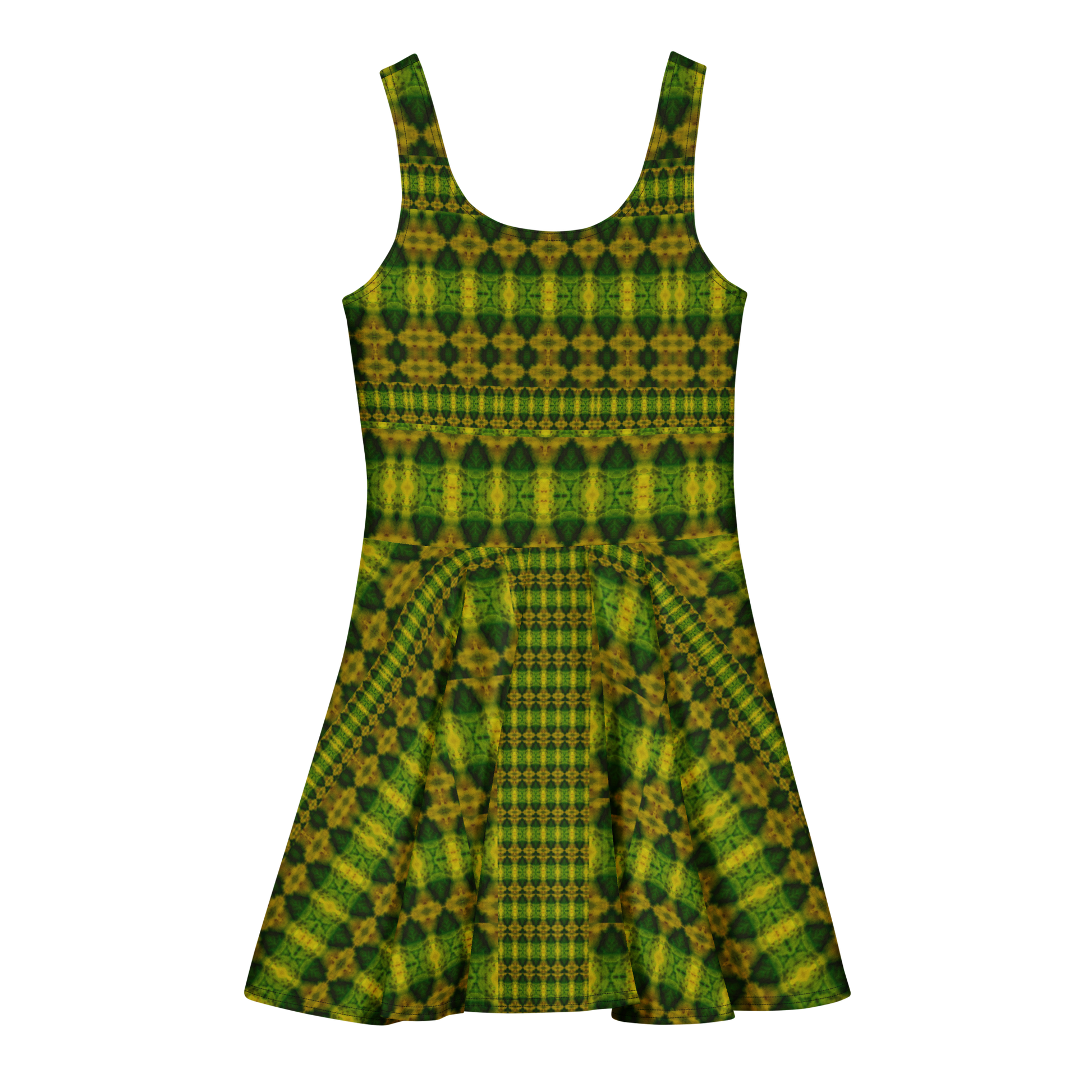 Purely Jade Light sleeveless Cotton Skater Dress with green-and-gold jade-light print, back view with fitted bodice and flared skirt