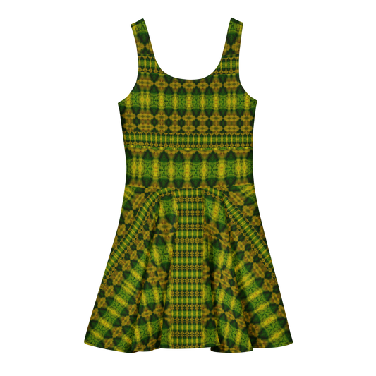 Purely Jade Light sleeveless Cotton Skater Dress with green-and-gold jade-light print, back view with fitted bodice and flared skirt