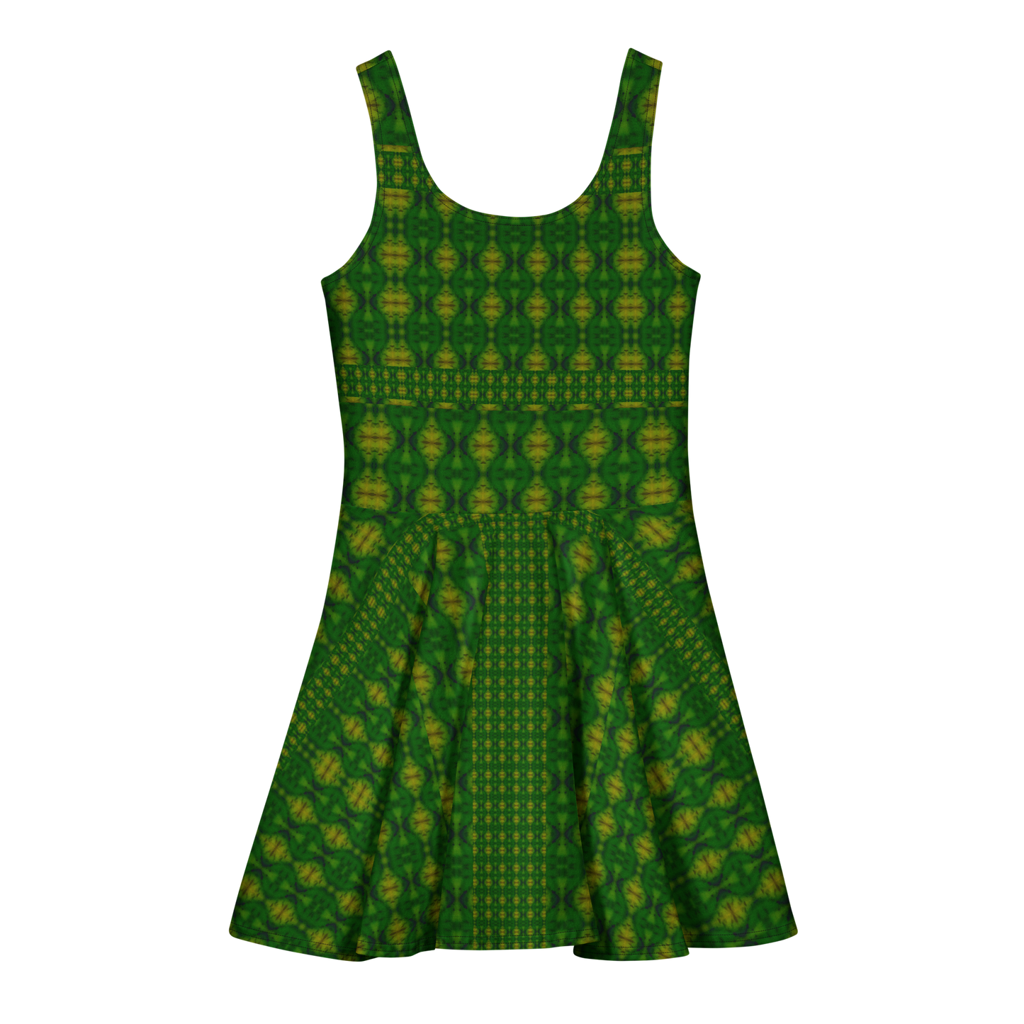 Purely Jade Light sleeveless Cotton Skater Dress with deep green jade-light print with gold highlights, back view with fitted bodice and flared skirt