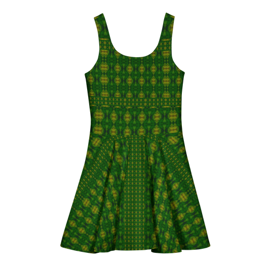 Purely Jade Light sleeveless Cotton Skater Dress with deep green jade-light print with gold highlights, back view with fitted bodice and flared skirt
