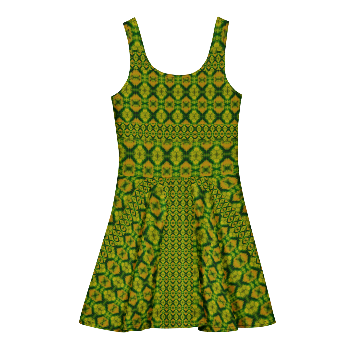 Purely Jade Light sleeveless Cotton Skater Dress with green-and-gold jade-light print, back view with fitted bodice and flared skirt