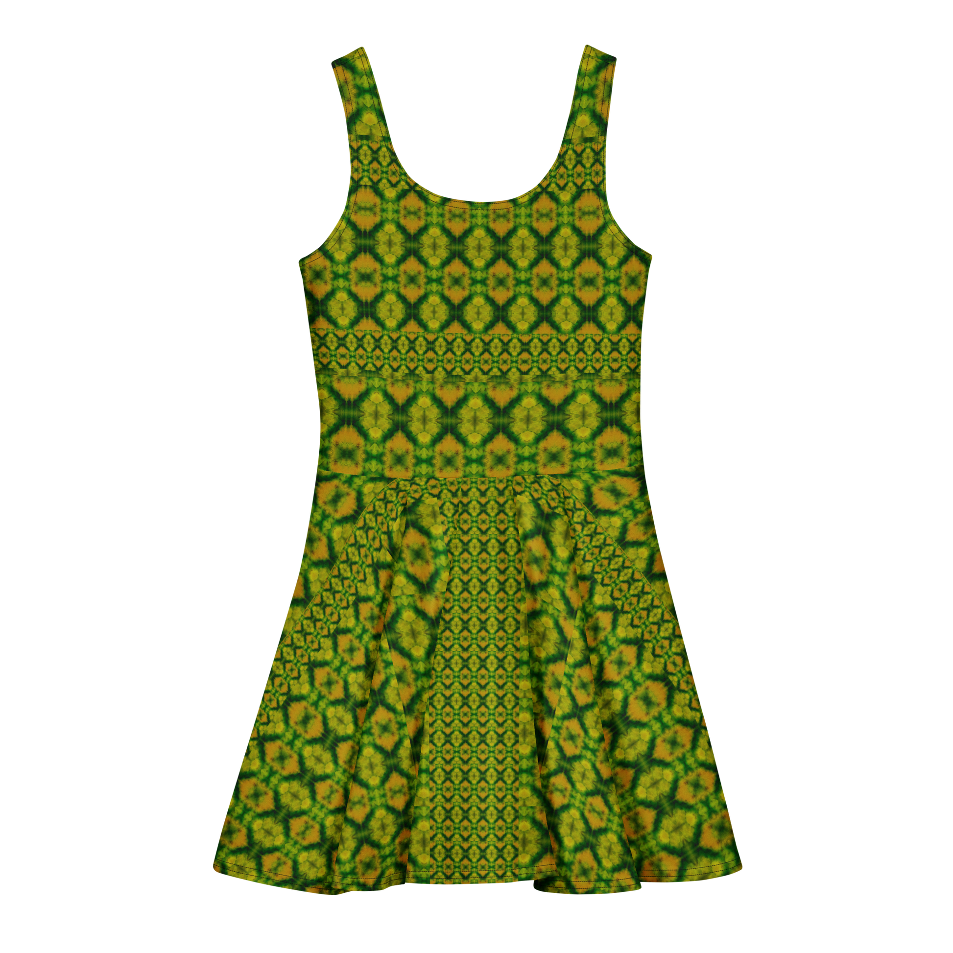 Purely Jade Light sleeveless Cotton Skater Dress with green-and-gold jade-light print, back view with fitted bodice and flared skirt