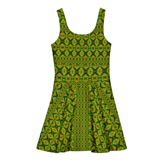 Purely Jade Light sleeveless Cotton Skater Dress with green-and-gold jade-light print, back view with fitted bodice and flared skirt