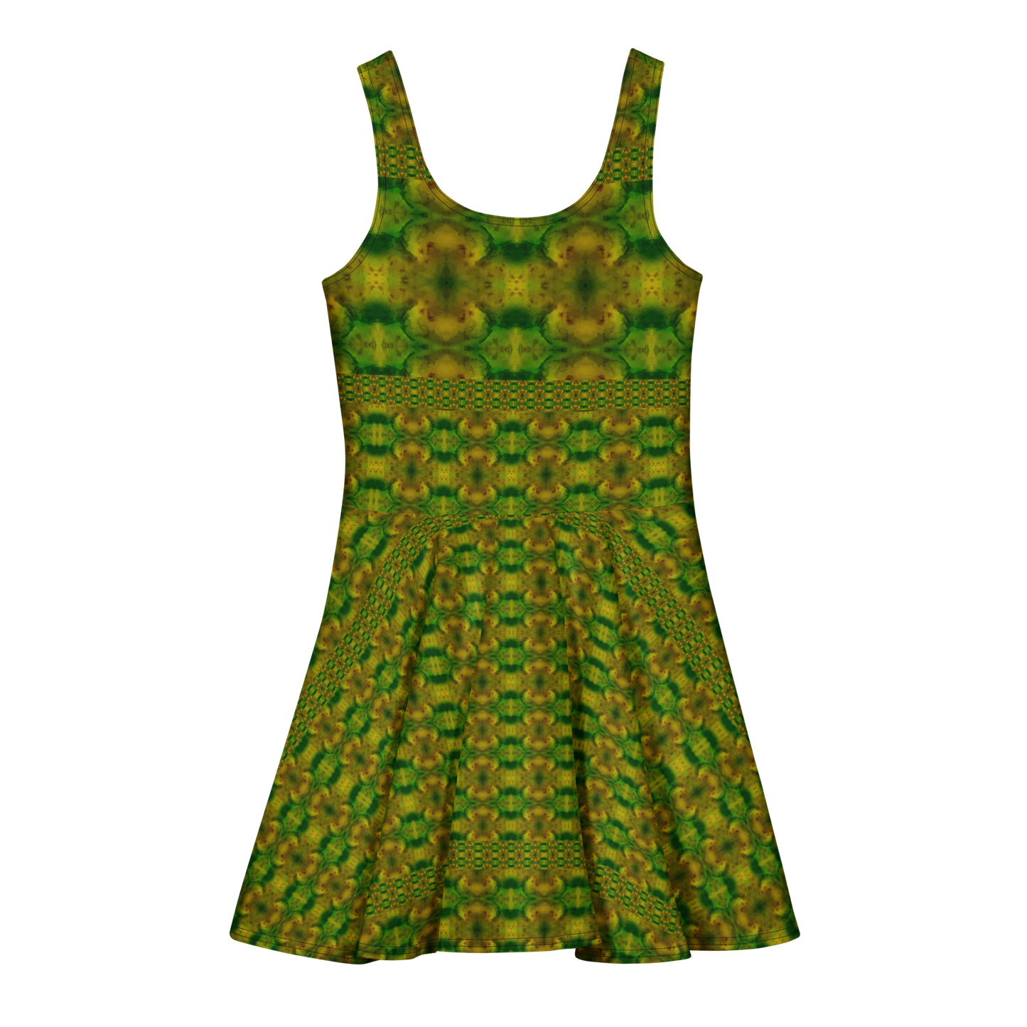 Purely Jade Light sleeveless Cotton Skater Dress with green-and-gold jade-light print, back view with fitted bodice and flared skirt