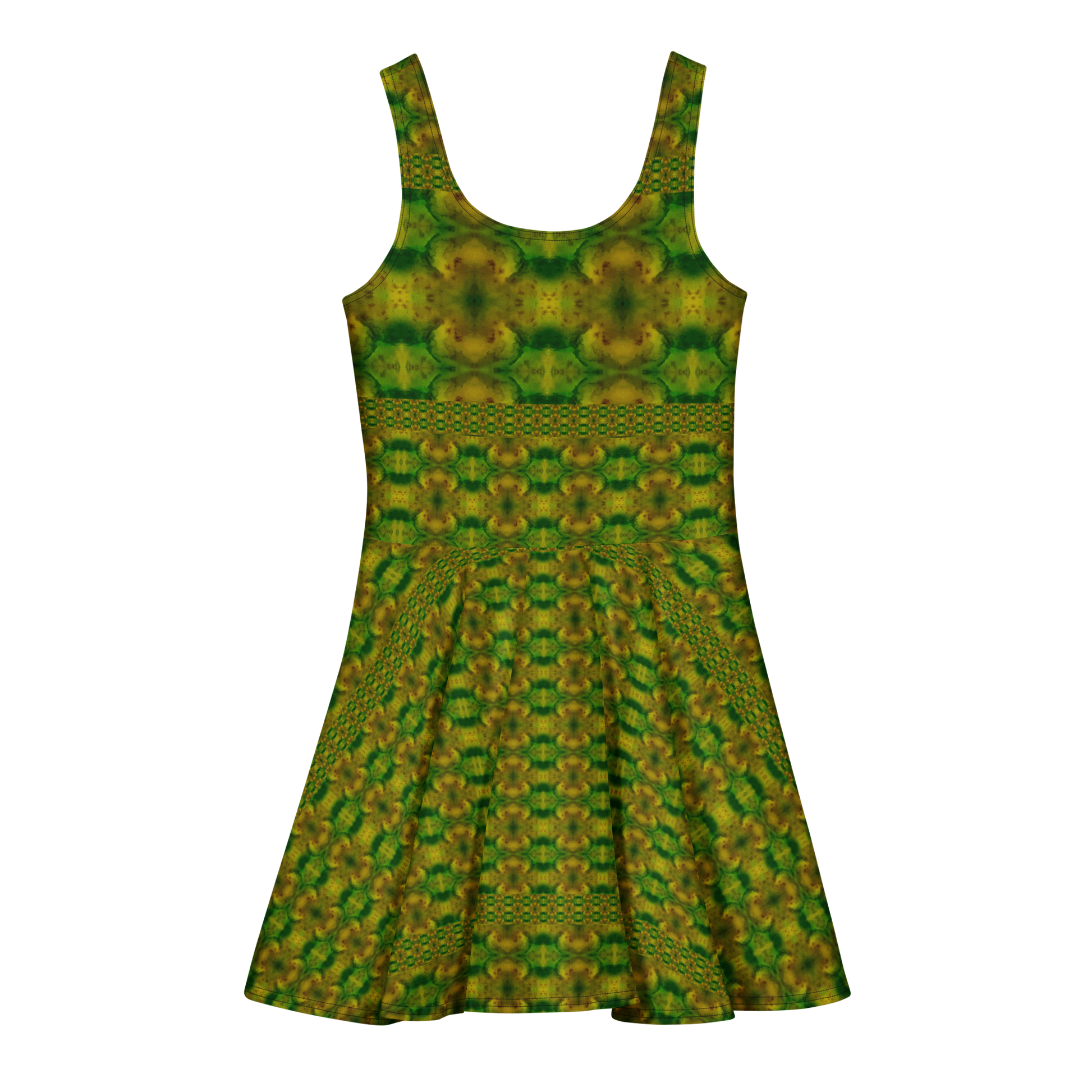 Purely Jade Light sleeveless Cotton Skater Dress with green-and-gold jade-light print, back view with fitted bodice and flared skirt