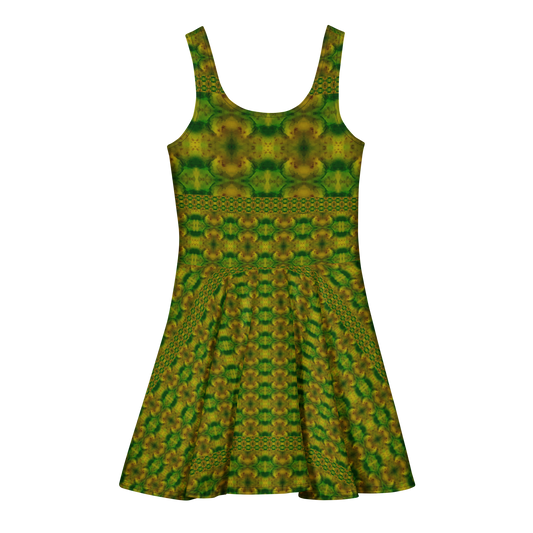 Purely Jade Light sleeveless Cotton Skater Dress with green-and-gold jade-light print, back view with fitted bodice and flared skirt