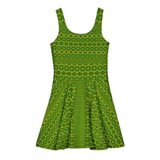 Purely Jade Light sleeveless Cotton Skater Dress with green-and-gold jade-light print, back view with fitted bodice and flared skirt