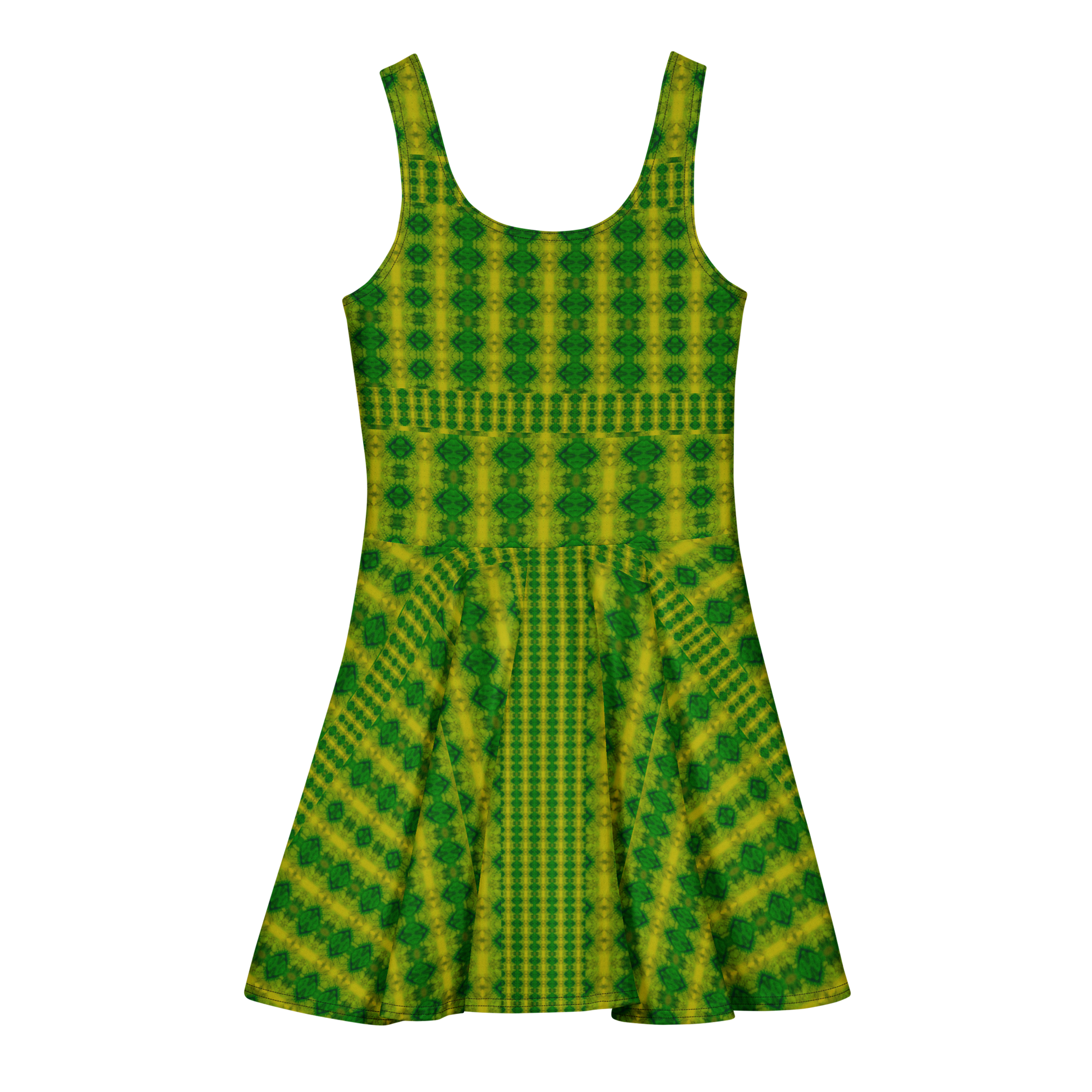 Purely Jade Light sleeveless Cotton Skater Dress with yellow-green and green jade-light print, back view with fitted bodice and flared skirt