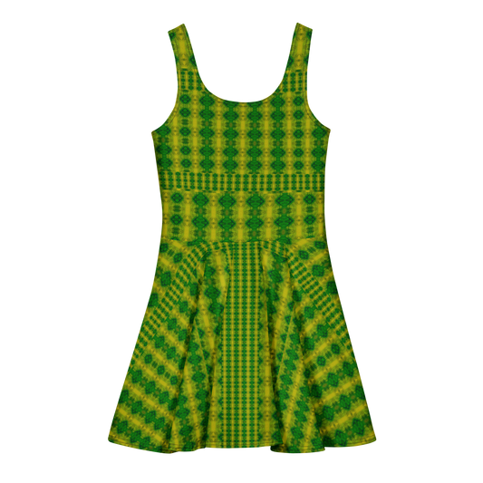 Purely Jade Light sleeveless Cotton Skater Dress with yellow-green and green jade-light print, back view with fitted bodice and flared skirt