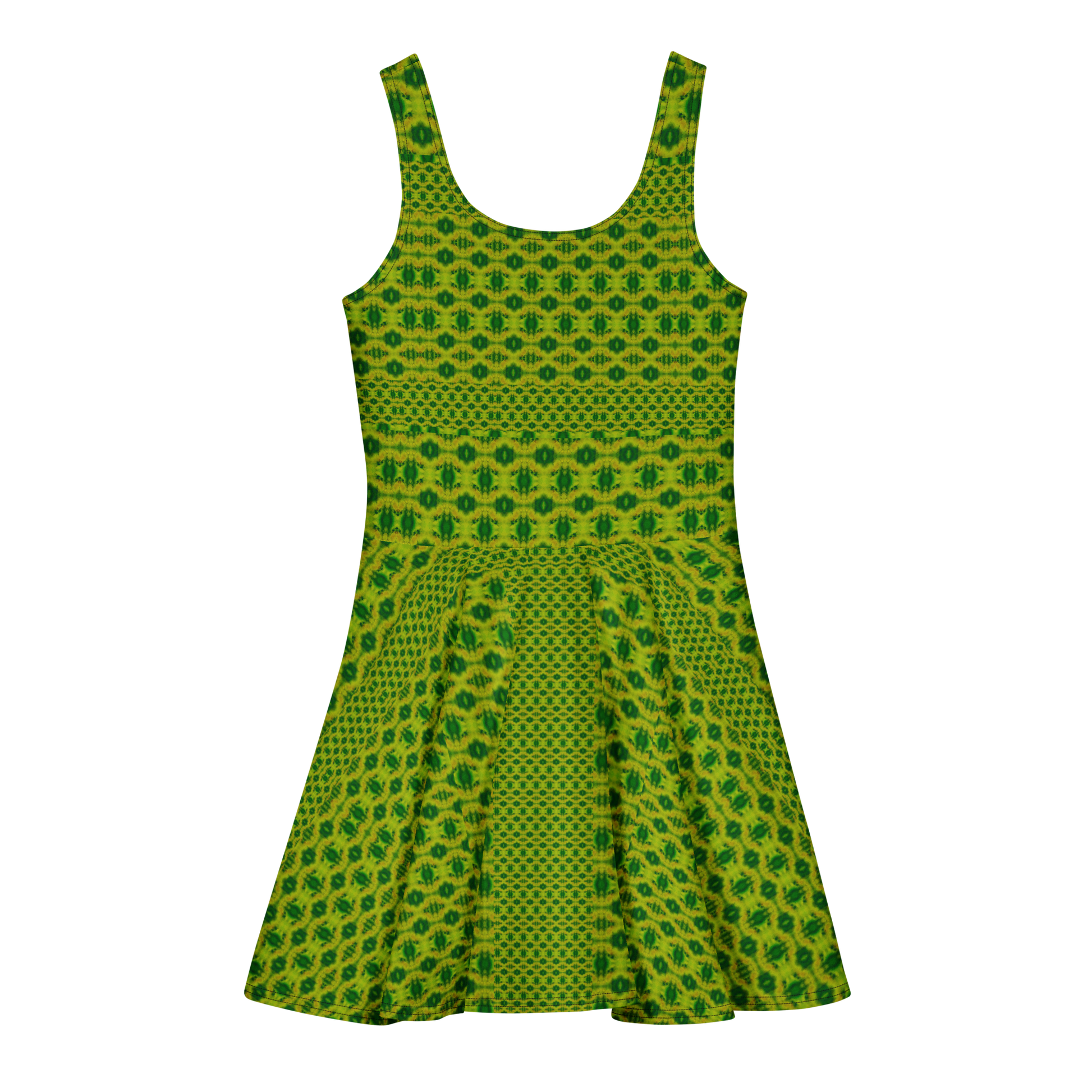 Purely Jade Light sleeveless Cotton Skater Dress with yellow-green jade-light print, back view with fitted bodice and flared skirt