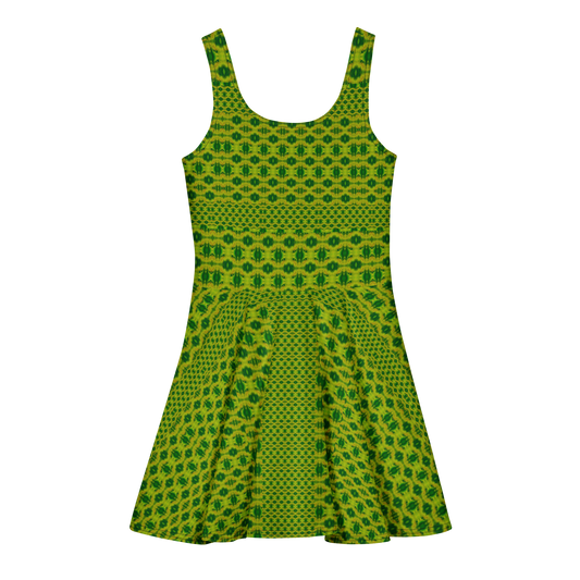 Purely Jade Light sleeveless Cotton Skater Dress with yellow-green jade-light print, back view with fitted bodice and flared skirt