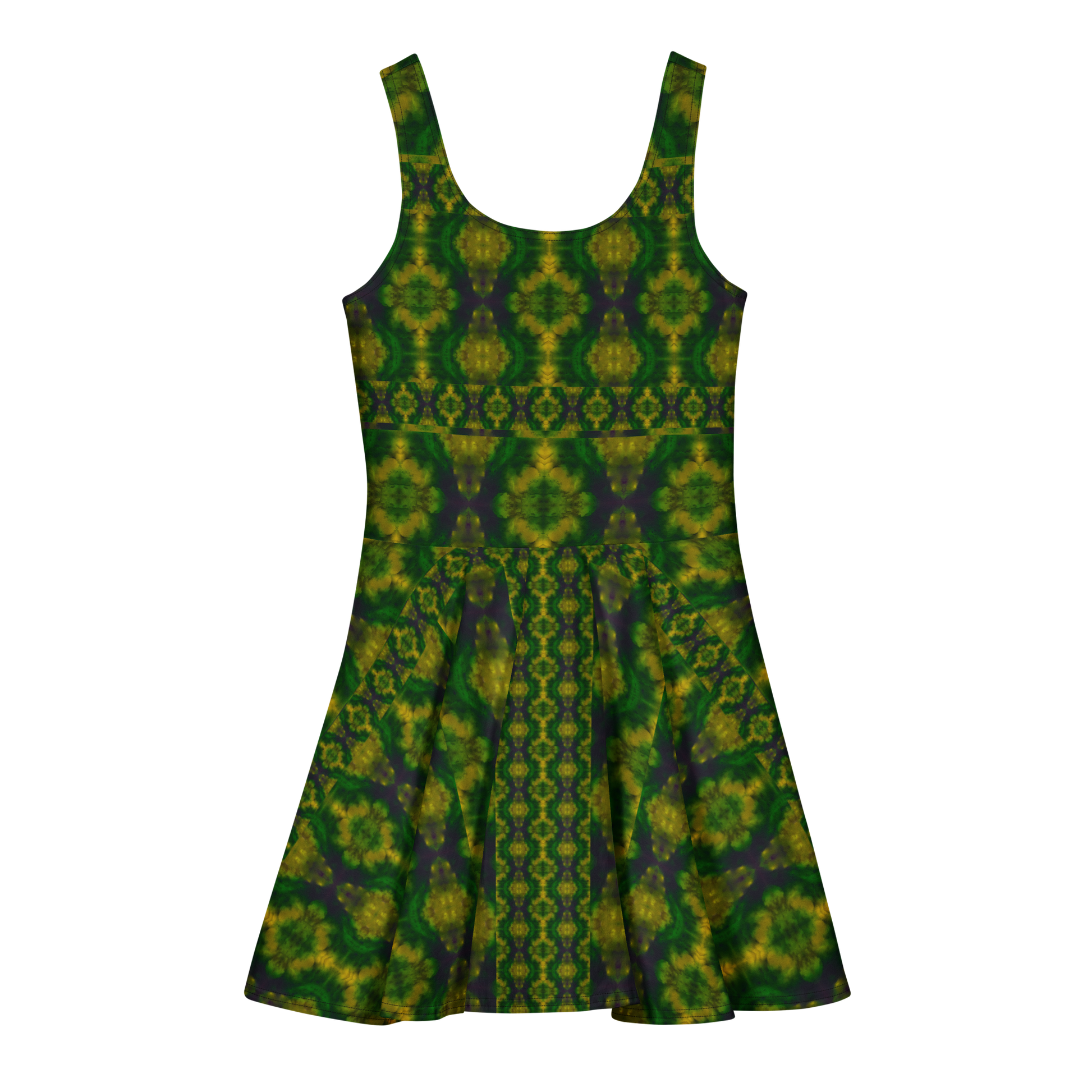 Purely Jade Light sleeveless Cotton Skater Dress with deep green jade-light print with gold and muted plum shadow, back view with fitted bodice and flared skirt