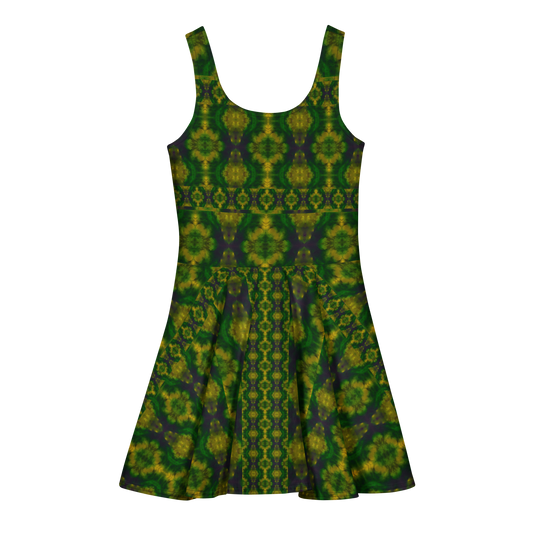 Purely Jade Light sleeveless Cotton Skater Dress with deep green jade-light print with gold and muted plum shadow, back view with fitted bodice and flared skirt
