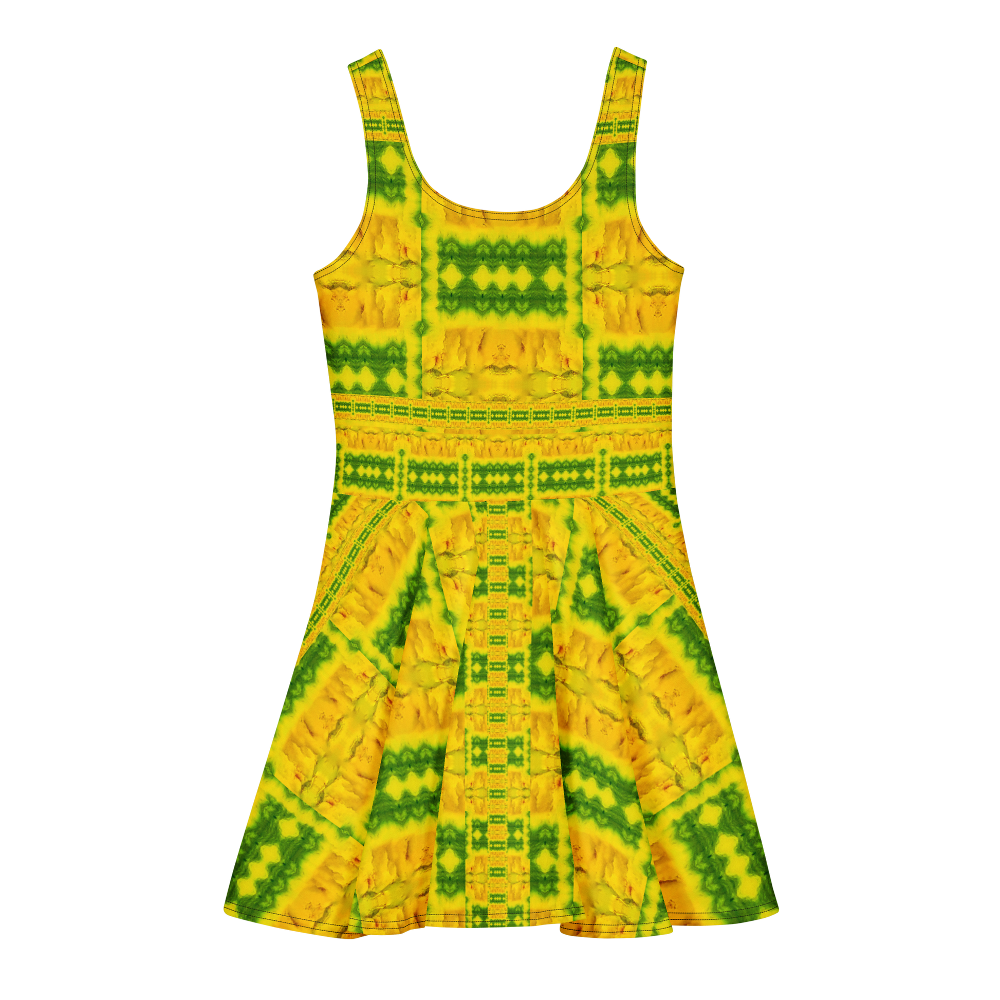 Purely Jade Light sleeveless Cotton Skater Dress with gold jade-light print with green accents, back view with fitted bodice and flared skirt