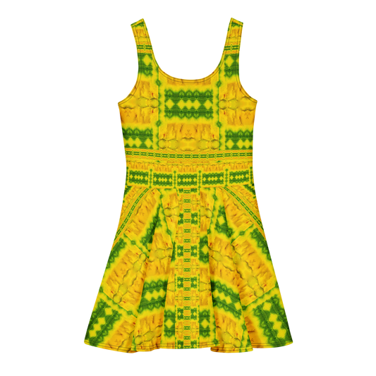 Purely Jade Light sleeveless Cotton Skater Dress with gold jade-light print with green accents, back view with fitted bodice and flared skirt