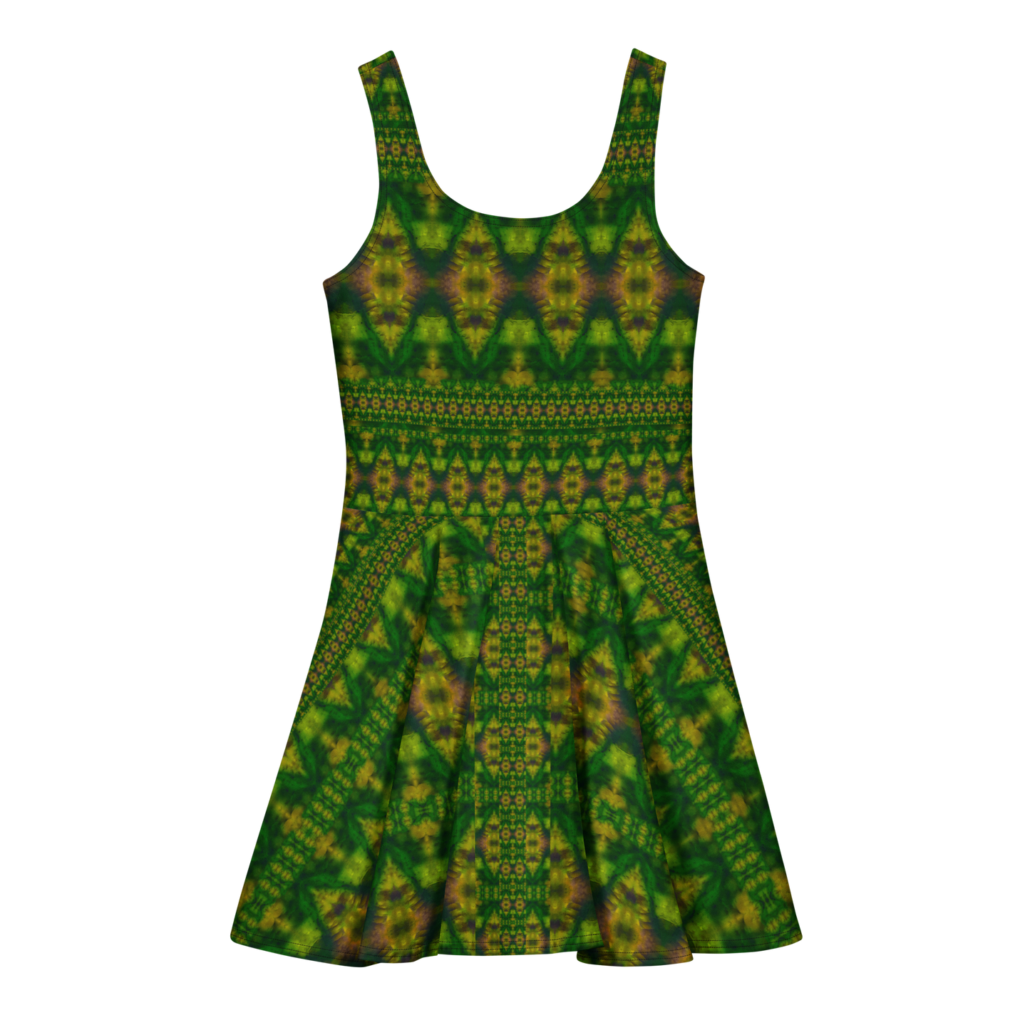 Purely Jade Light sleeveless Cotton Skater Dress with deep green jade-light print with gold and muted plum accents, back view with fitted bodice and flared skirt