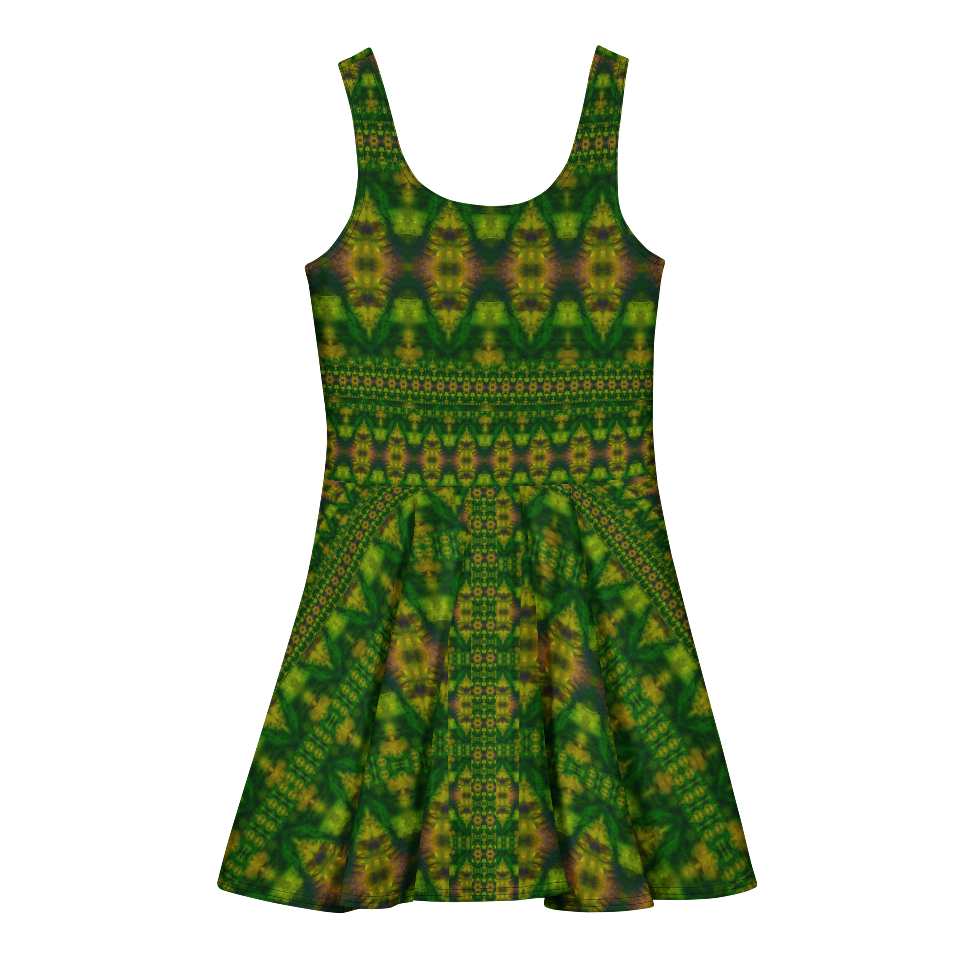 Purely Jade Light sleeveless Cotton Skater Dress with deep green jade-light print with gold and muted plum accents, back view with fitted bodice and flared skirt