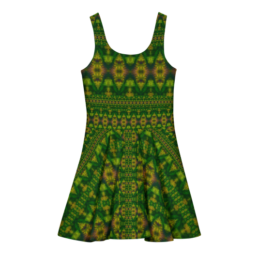Purely Jade Light sleeveless Cotton Skater Dress with deep green jade-light print with gold and muted plum accents, back view with fitted bodice and flared skirt